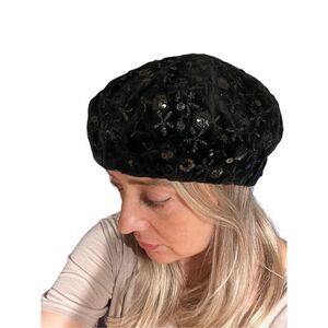 Kokin New York Black Sequined Embroidered Beret